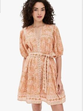 Cleobella Magdalena Mini Dress Peach Gray Indian Blockprint XS Belted Tuckernuck